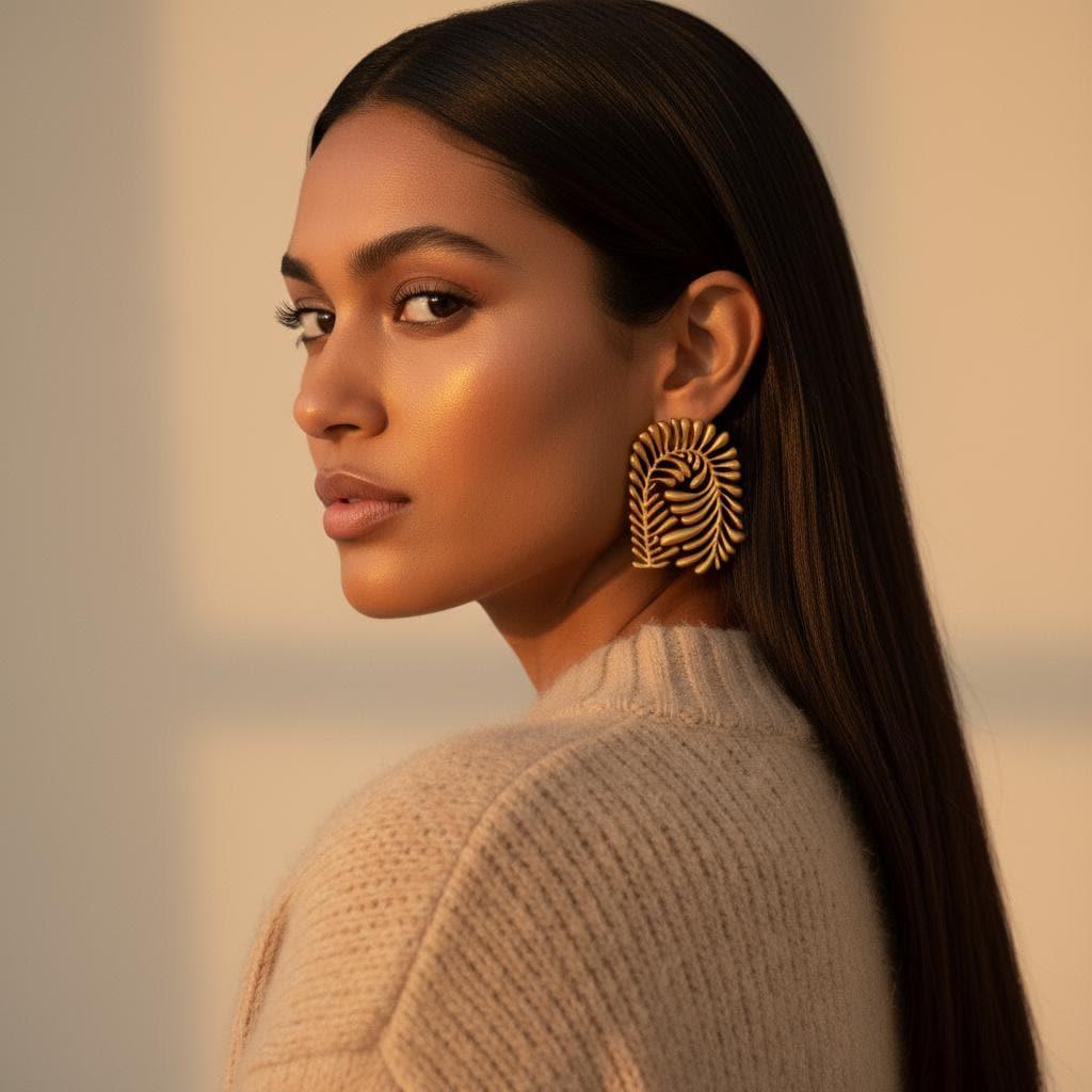 Woman wearing statement gold earring, beige knit sweater, soft natural lighting