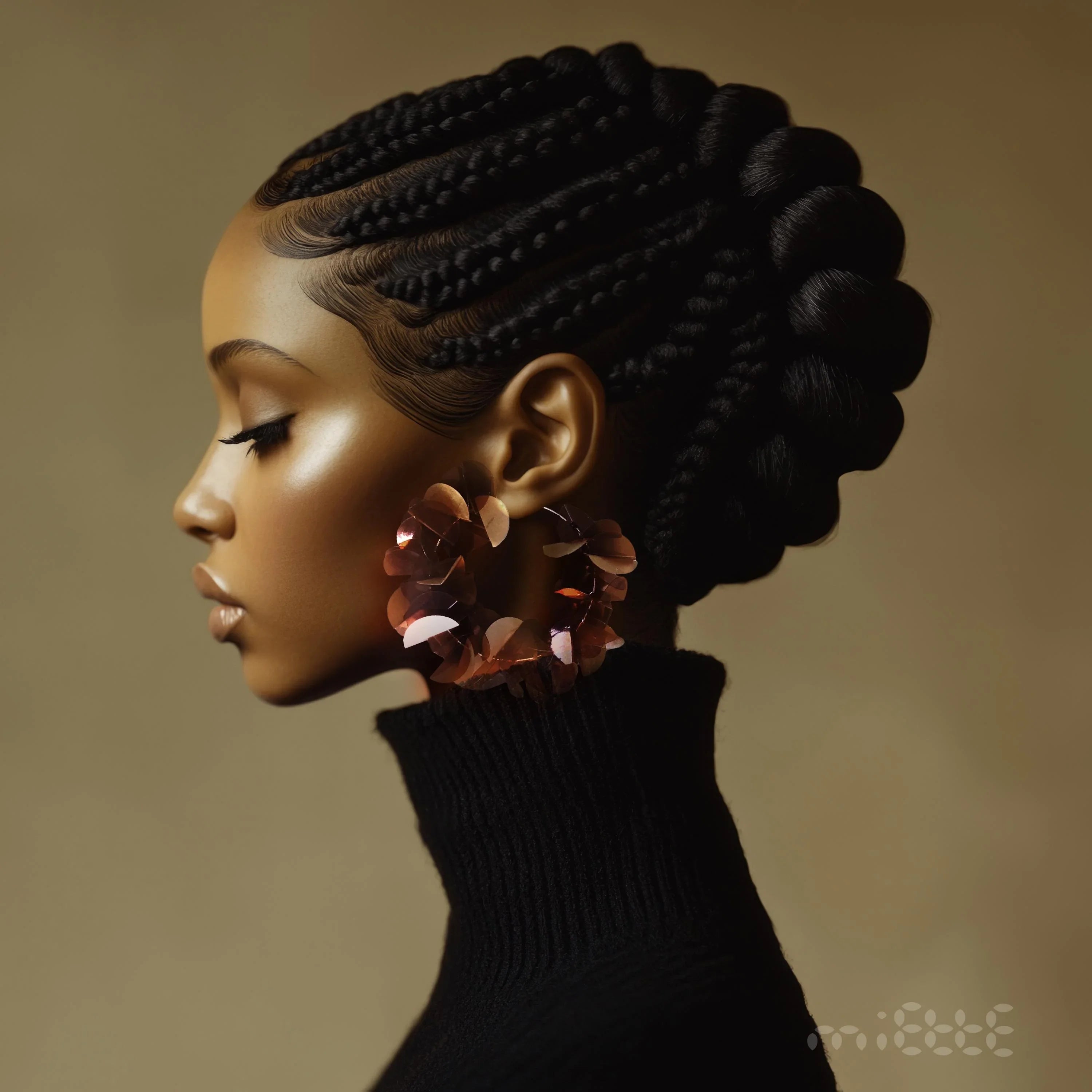 Woman in profile with braided hair, wearing large, artistic floral earrings, black turtleneck