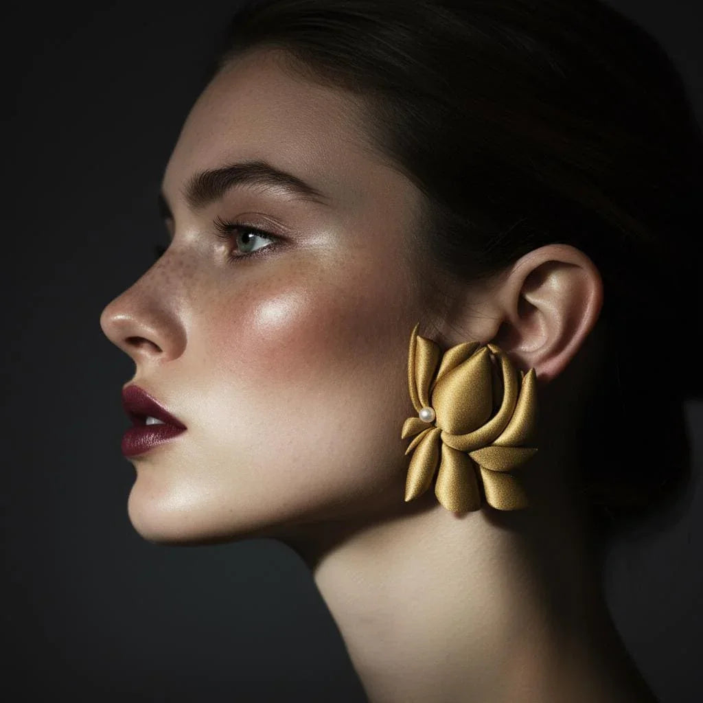 Woman wearing large gold floral statement earring, side profile, artistic jewelry
