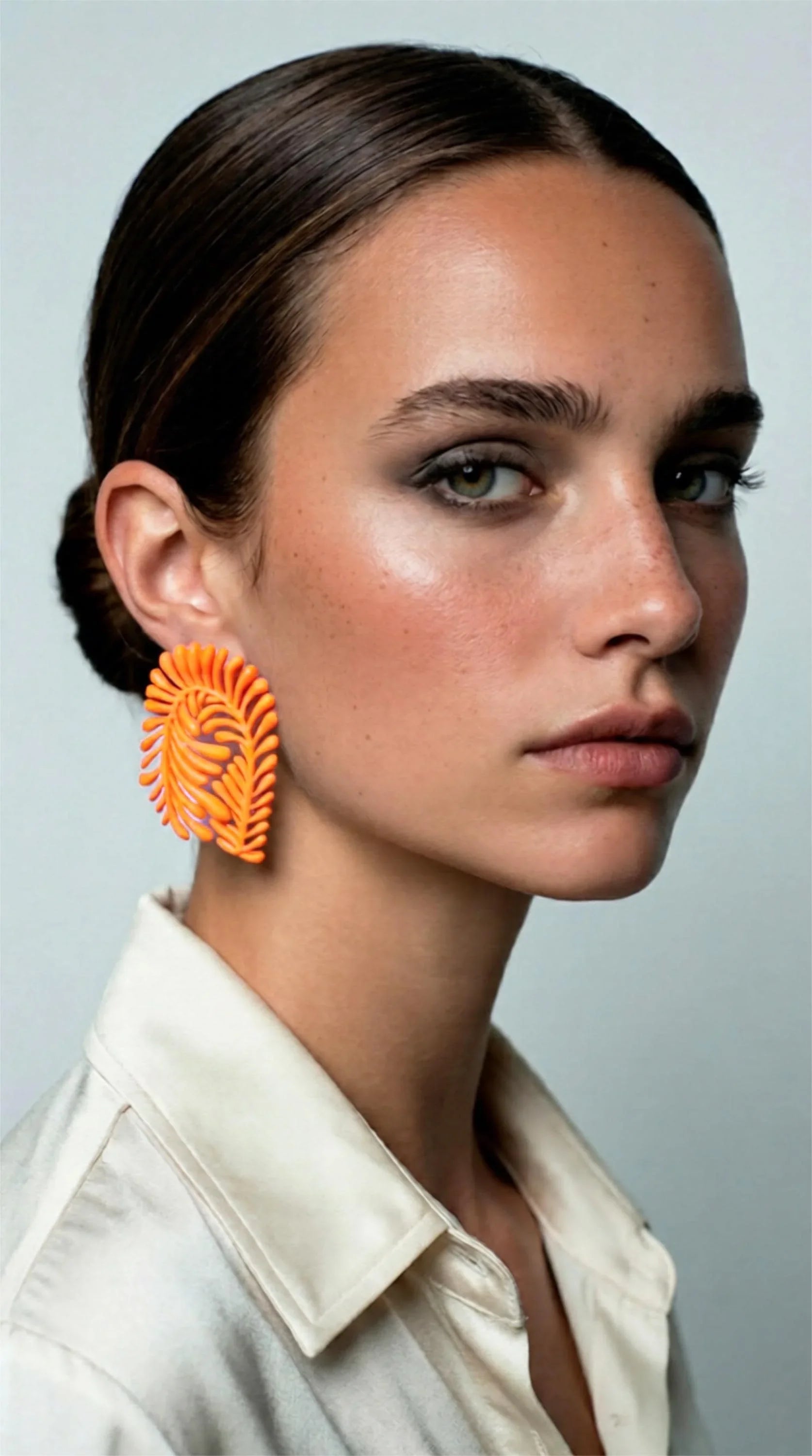 Woman wearing large orange statement earring with leaf design, white shirt, neutral background