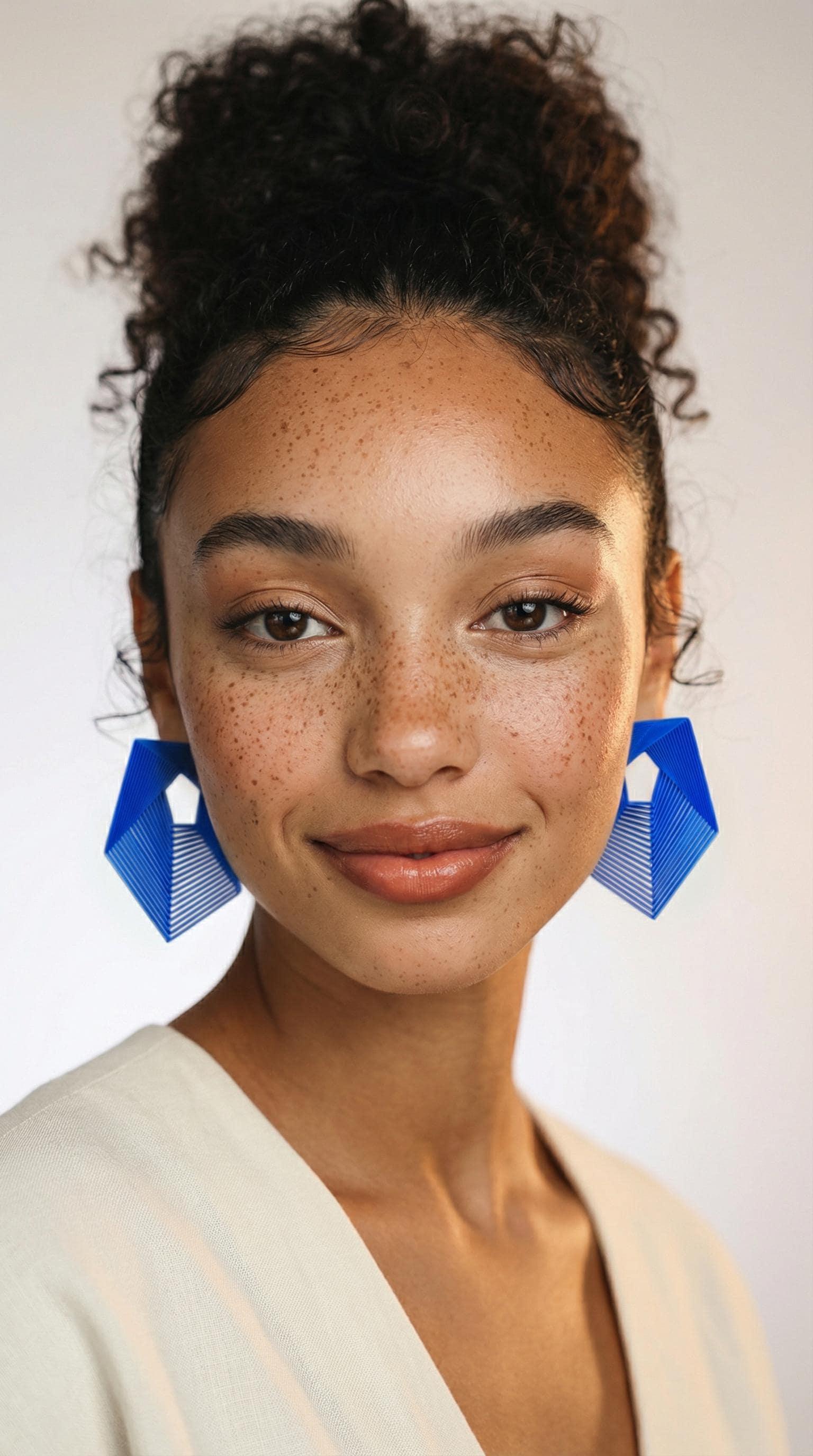 Woman wearing large geometric blue statement earrings and a cream top