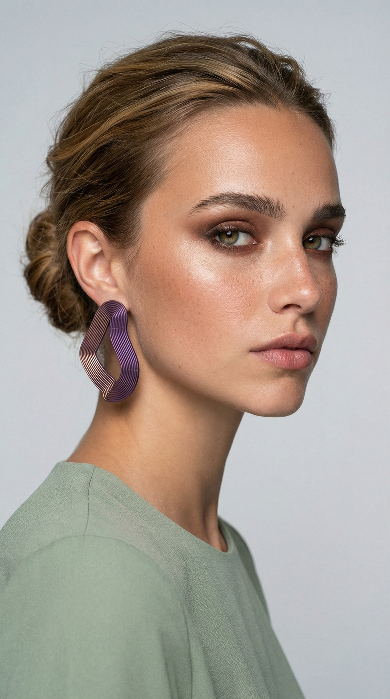 a model is wearing linear graphic earrings iridescet gold violet very light