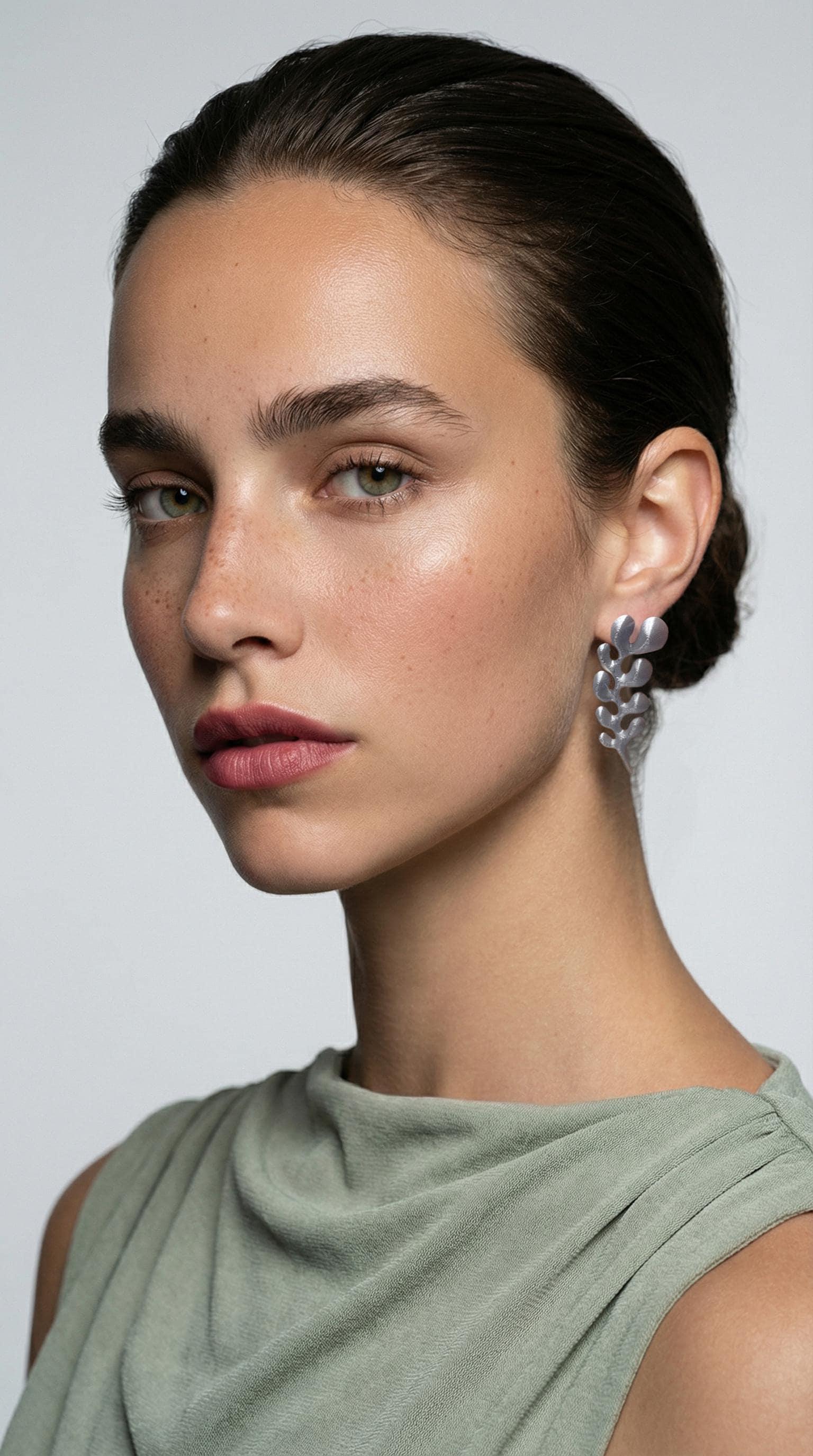 Woman wearing sculptural silver statement earrings and a light green draped top