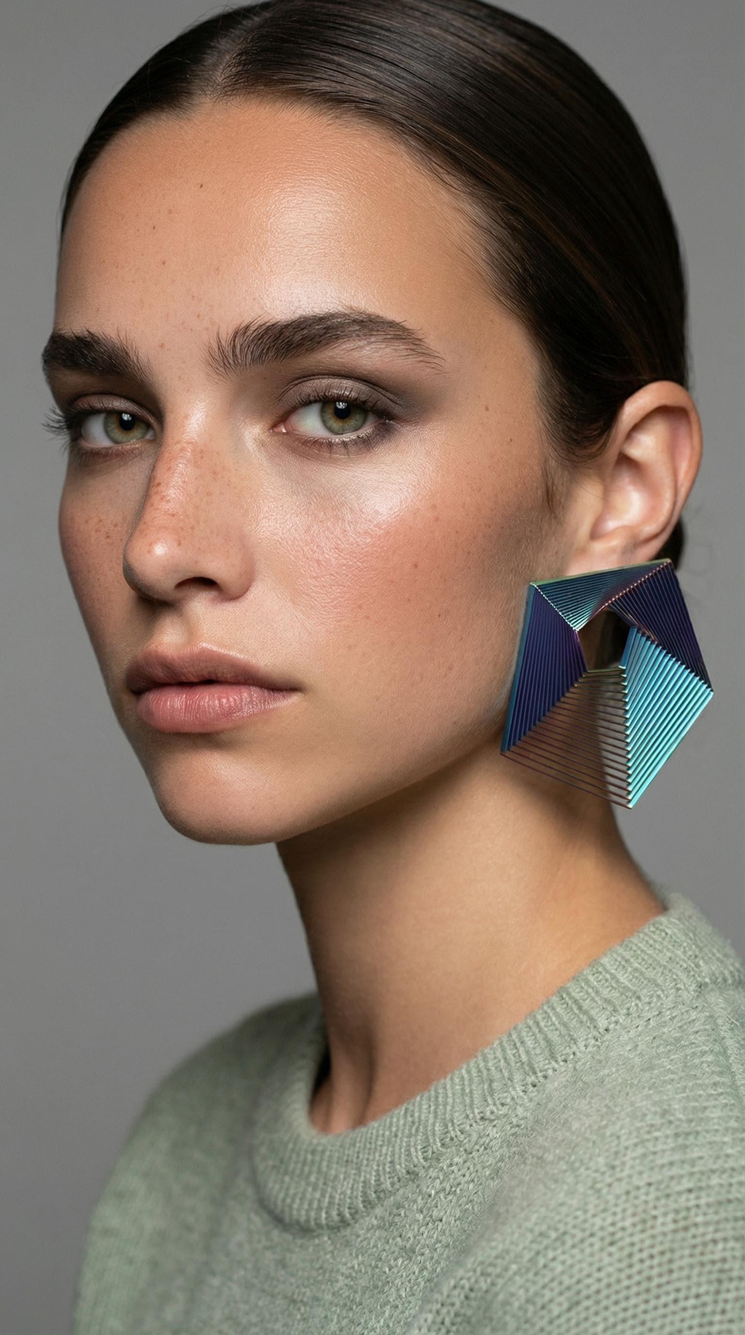 Woman wearing large geometric statement earring in metallic blue and green tones