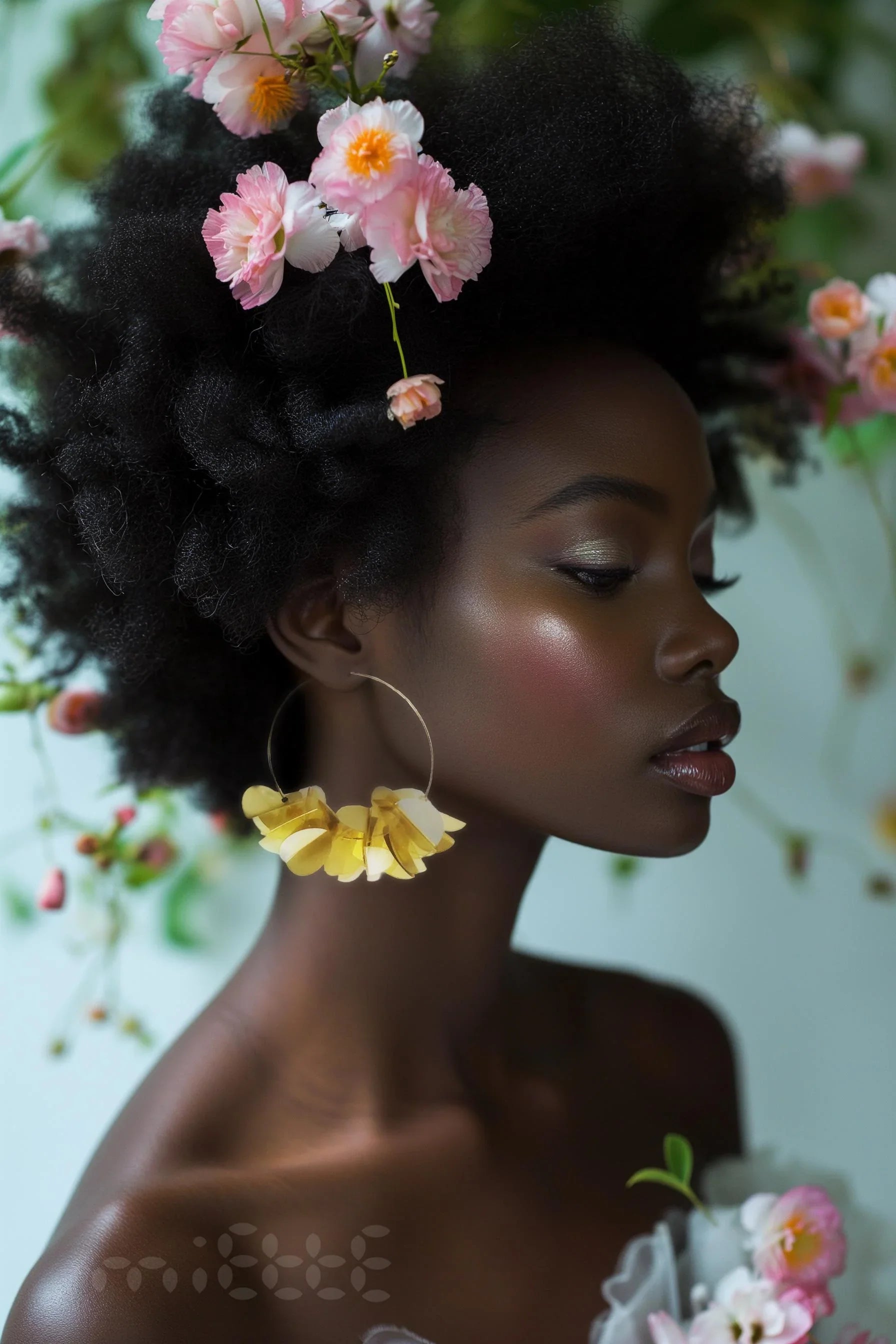 Woman wearing large yellow floral hoop earring and pink flowers in natural afro hair