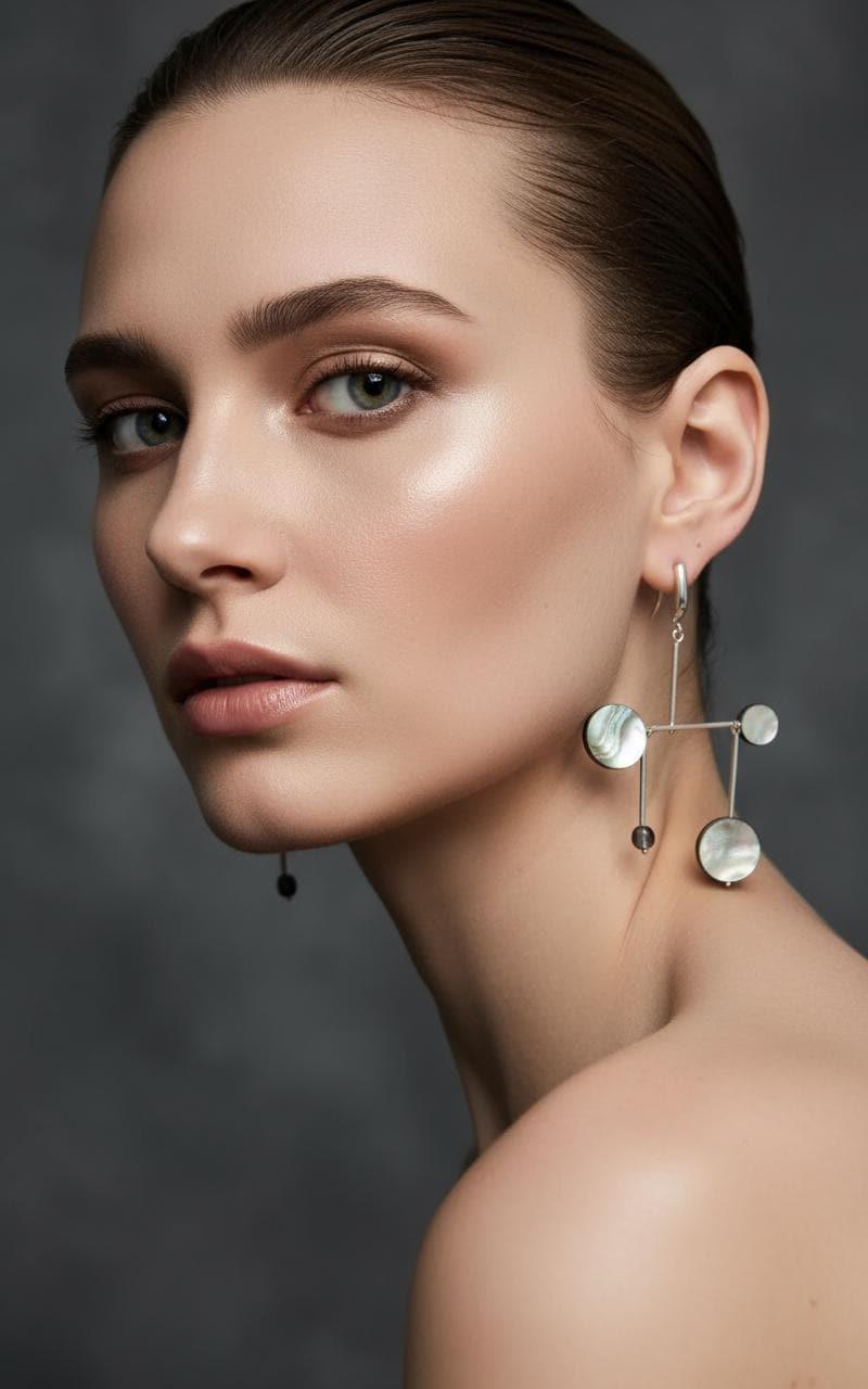 Woman wearing a modern geometric artisan earring with iridescent circular accents