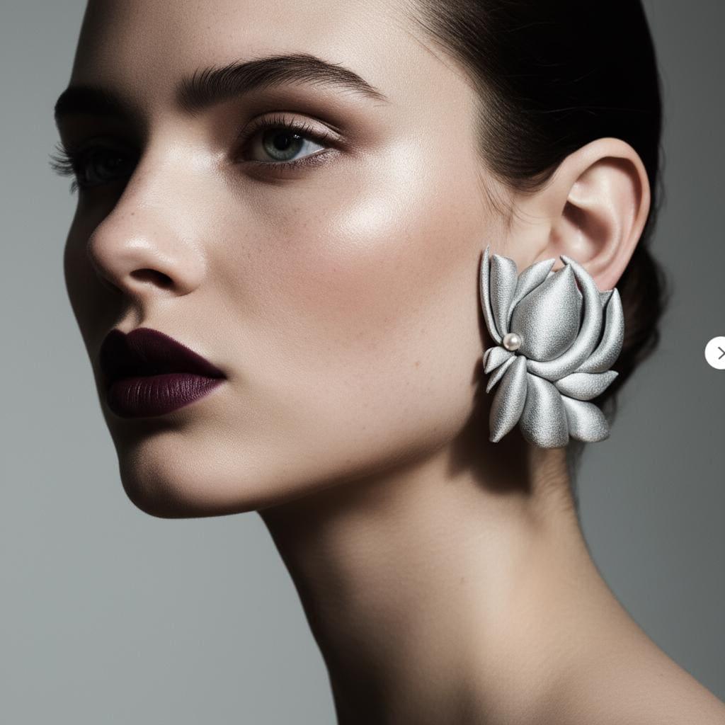 Woman wearing large silver flower-shaped statement earring with pearl accent